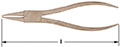 Horizontal image of long-nose, internal snap ring pliers. Solid bronze pliers, with gently curved and tapered handles and pointed jaws. Measurement indicators extend from each end, indicating overall length.